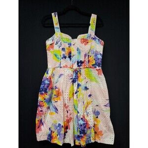 Trina Turk Elin Dress Eyelet Watercolor Floral Print Fit & Flare Summer Size 8
